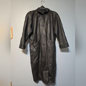 Vintage Genuine Leather Trench Coat Black Size Large